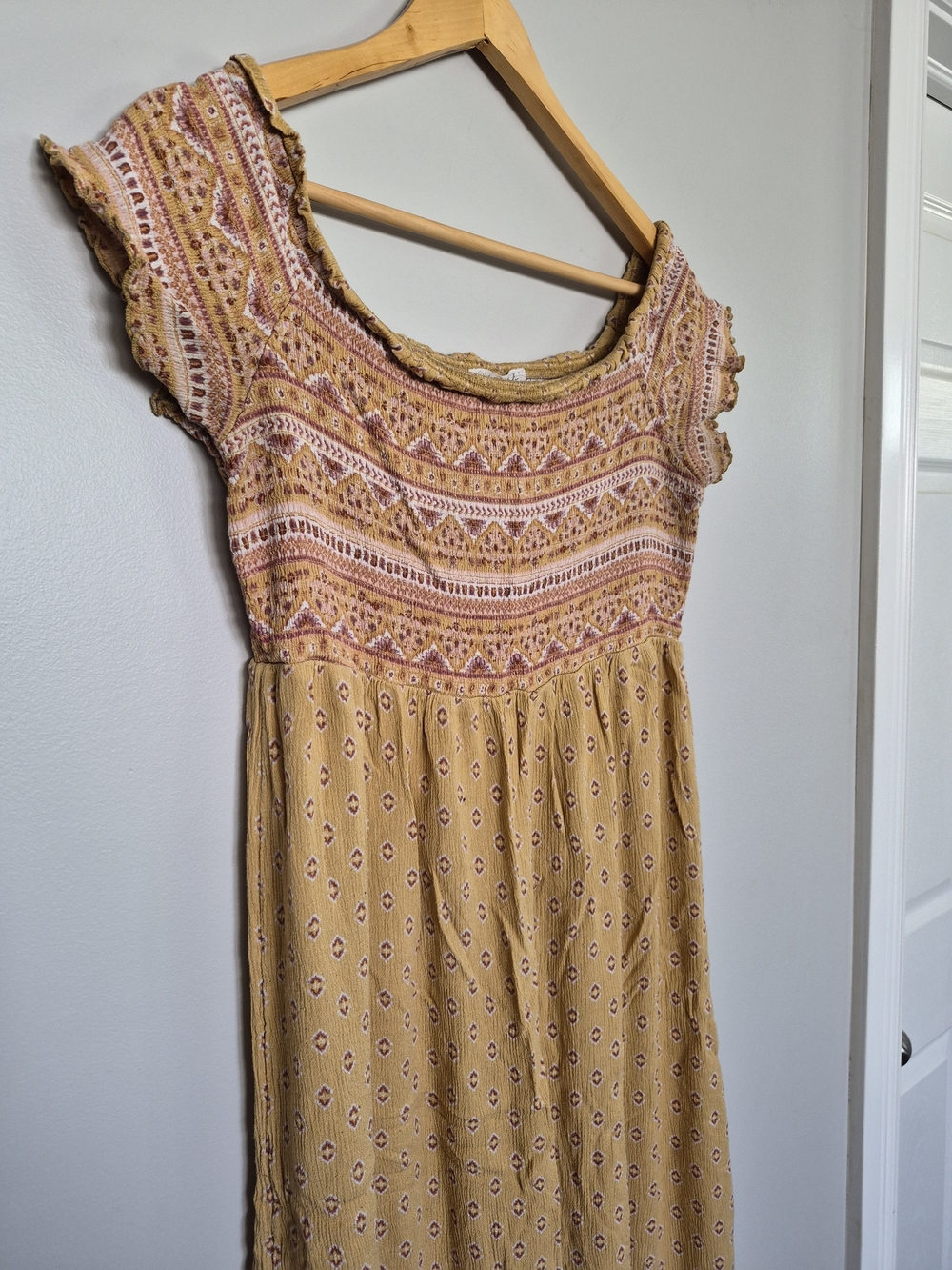Smocked Neckline Maxi Dress in Mustard with Pink
